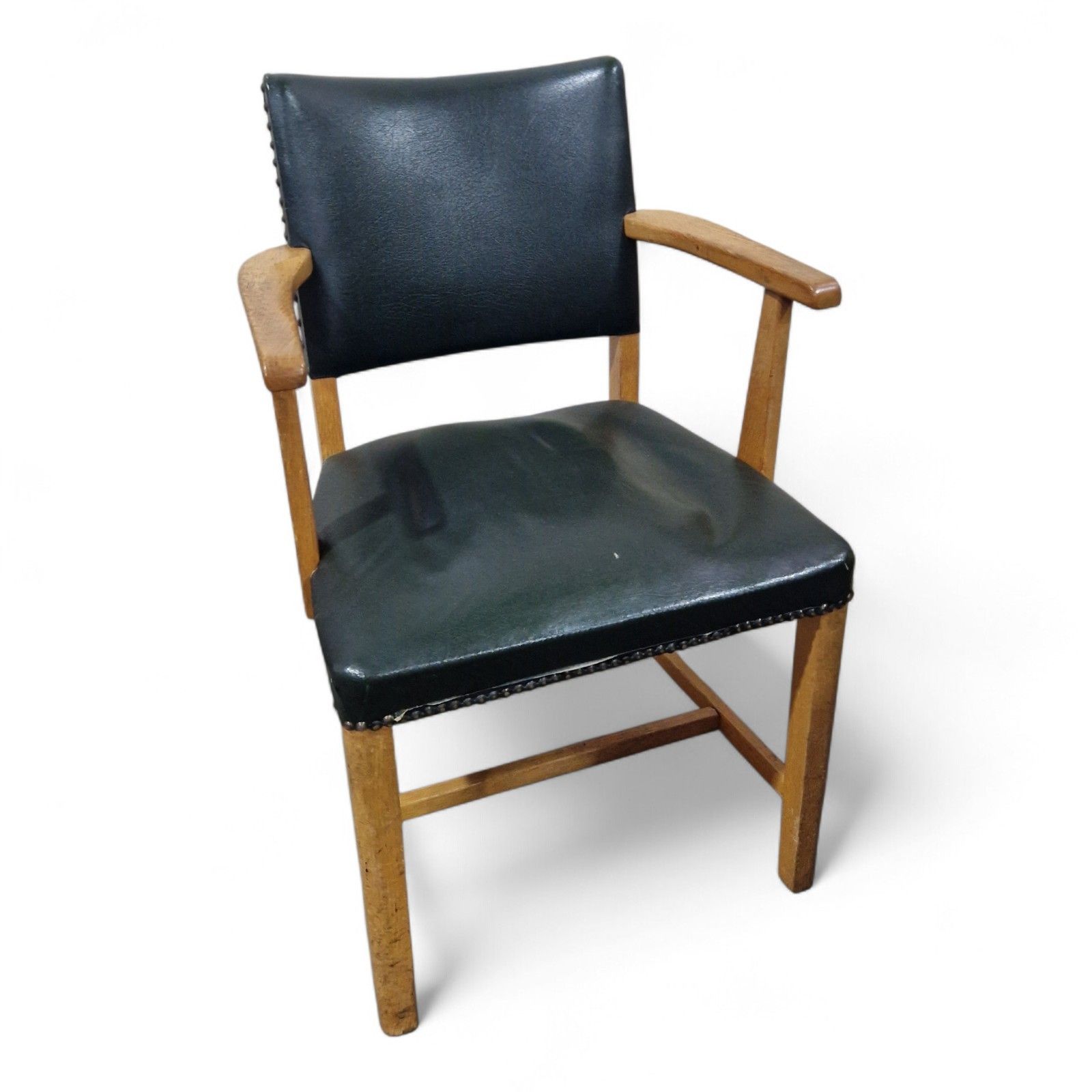 Vintage Oak Desk Chair Armchair Early 20th Century Light Oak Industrial Green photo vinterior
