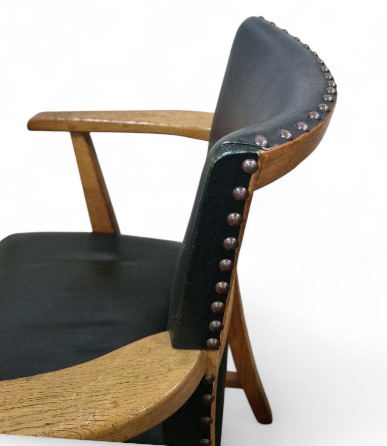 135.0 Vintage Oak Desk Chair Armchair Early 20th Century Light Oak Industrial Green photo