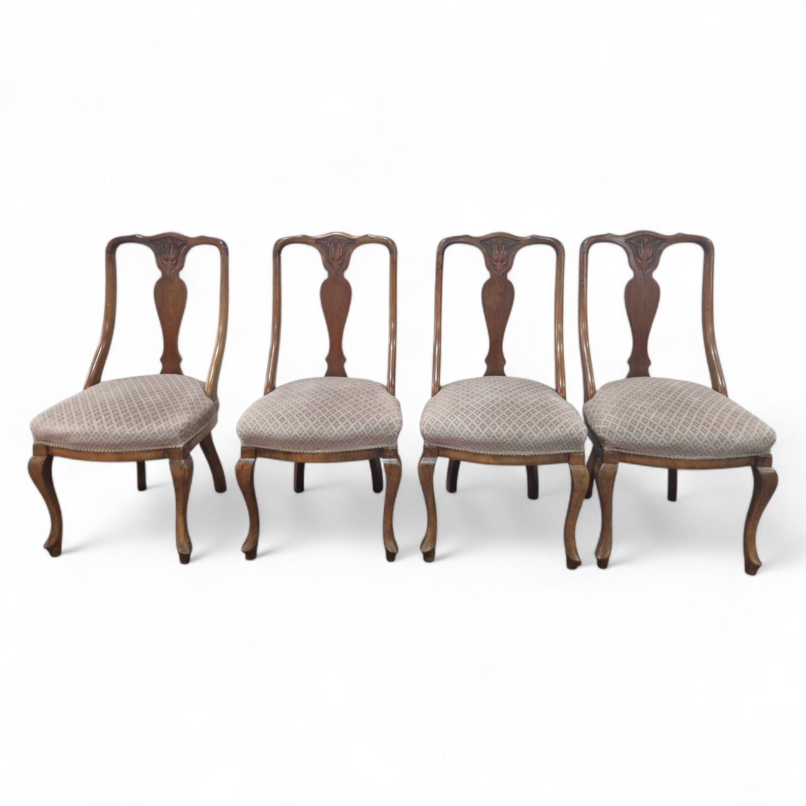 Set Of 4 Carved Walnut Dining Chairs Antique Scoop Back Chairs Carbiole Leg photo for sale