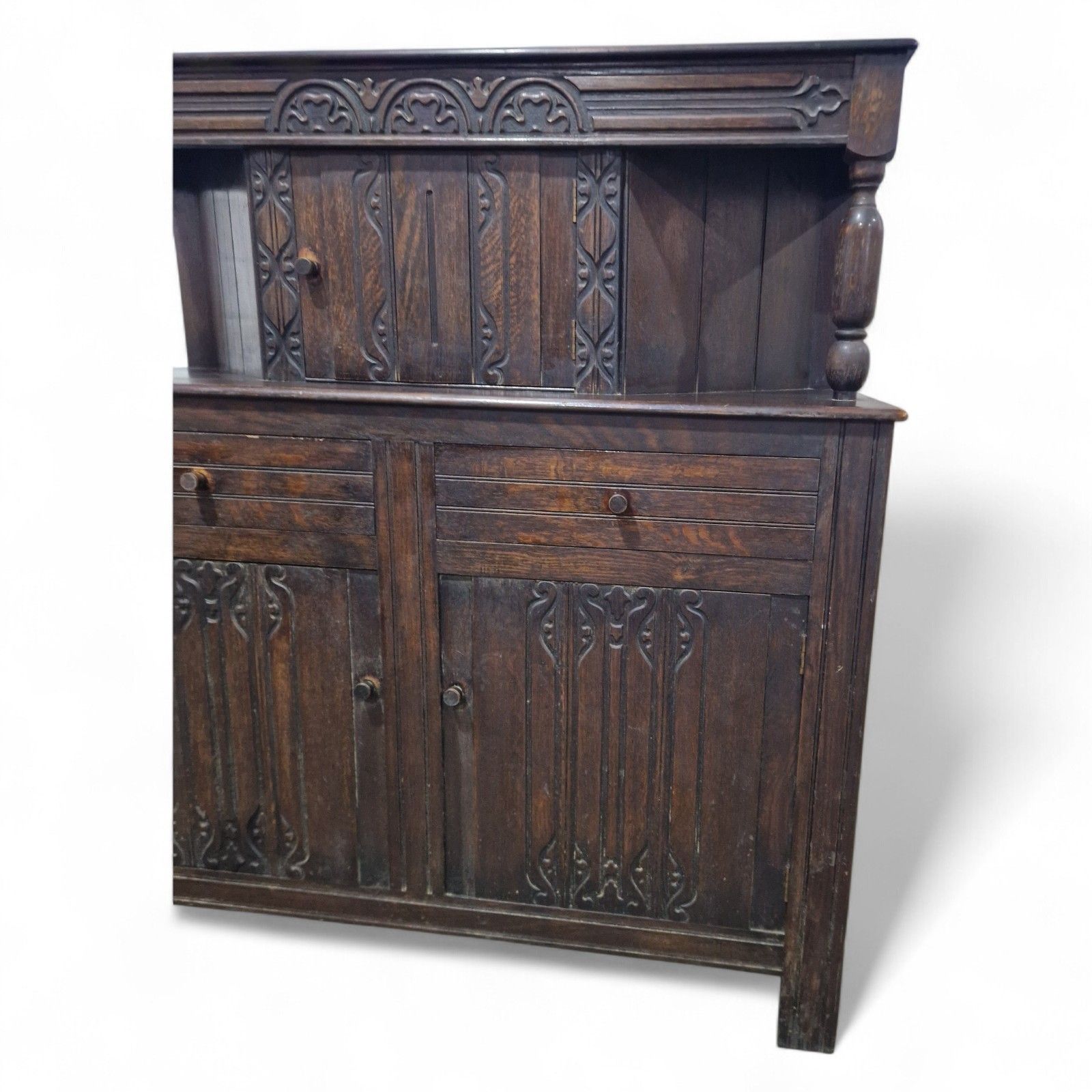 250.0 Victorian Carved Oak Buffet Dresser Jacobean Revival Antique Cupboard Sideboard photo
