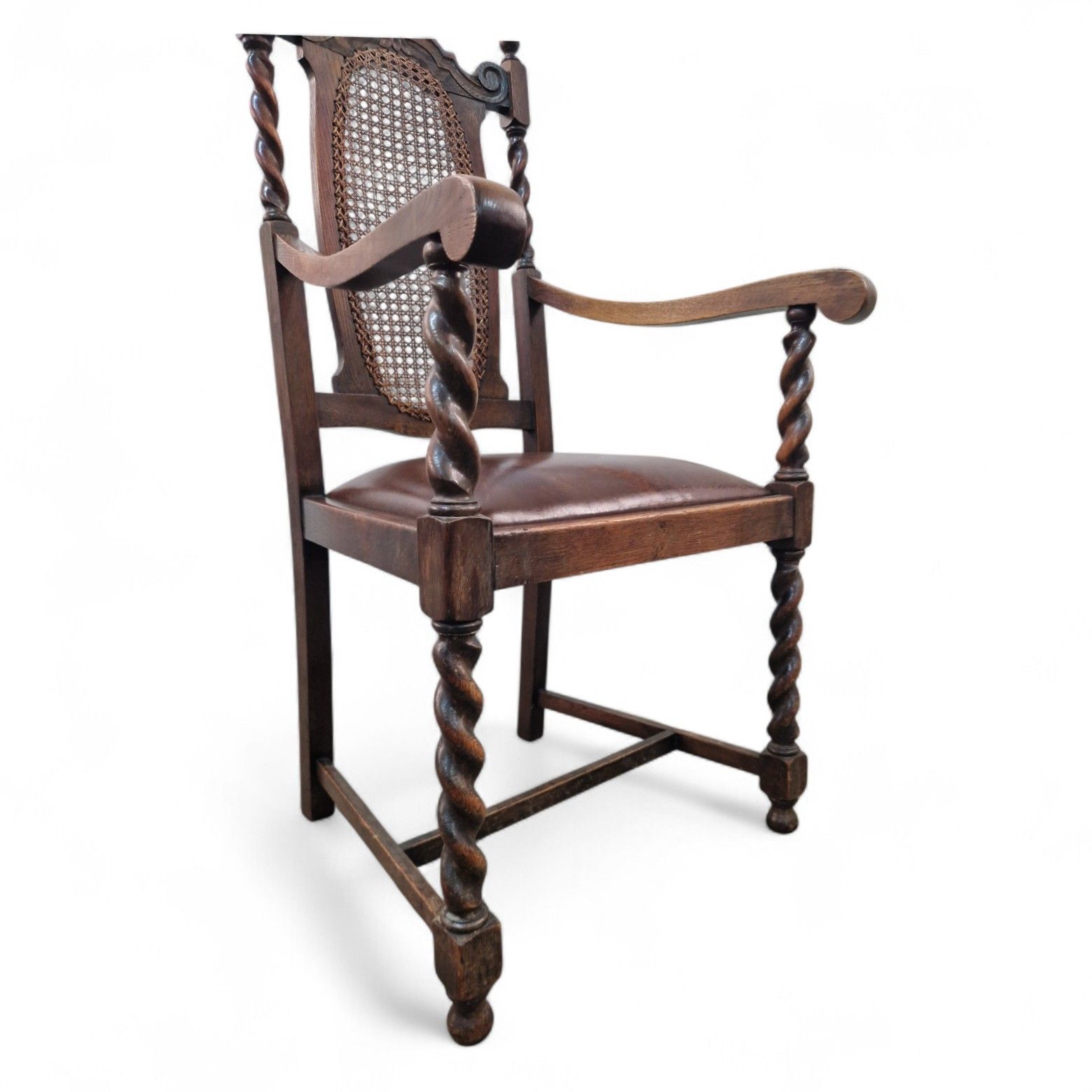 Furniture Antique Carved Oak Barley Spiral Twist Carver Chair Carved Farmhouse Armchair photo