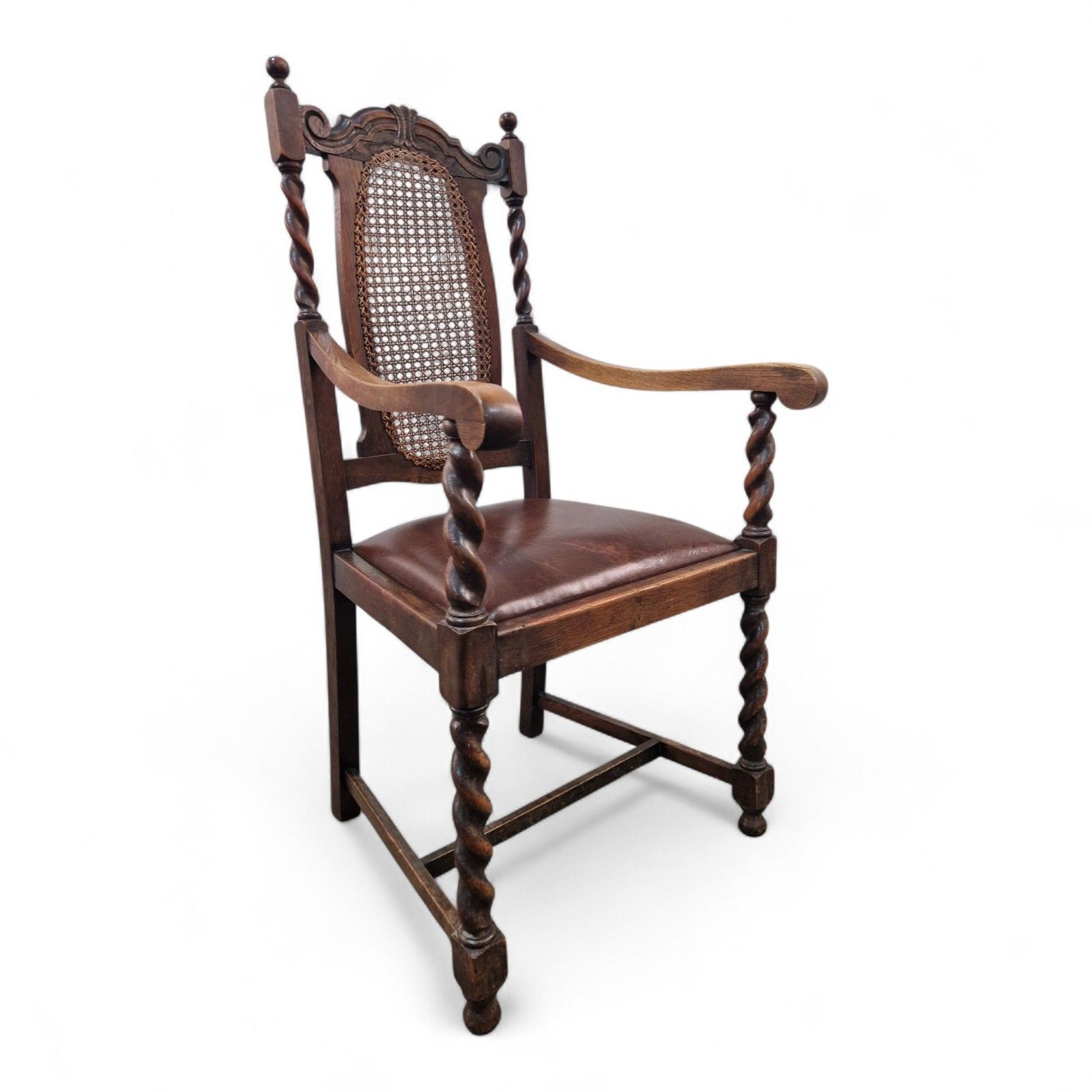 125.0 Antique Carved Oak Barley Spiral Twist Carver Chair Carved Farmhouse Armchair photo