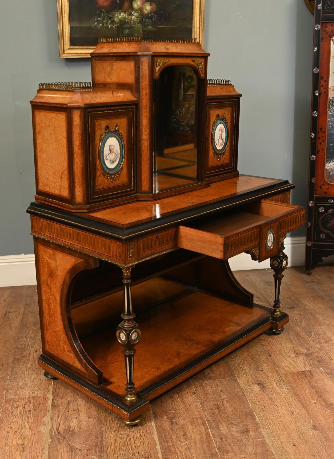 photo vinterior Victorian Bonheur De Jour Desk Amboyna Sevres Plaques 1860