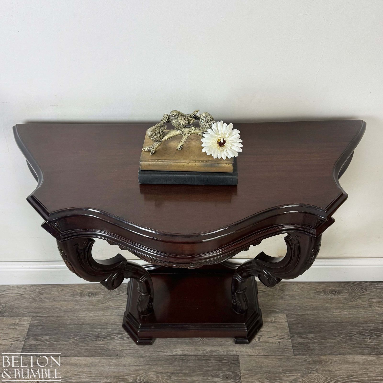 Reproduction Victorian Mahogany Serpentine Hallway Console Table With Carved Scroll Detail photo furniture