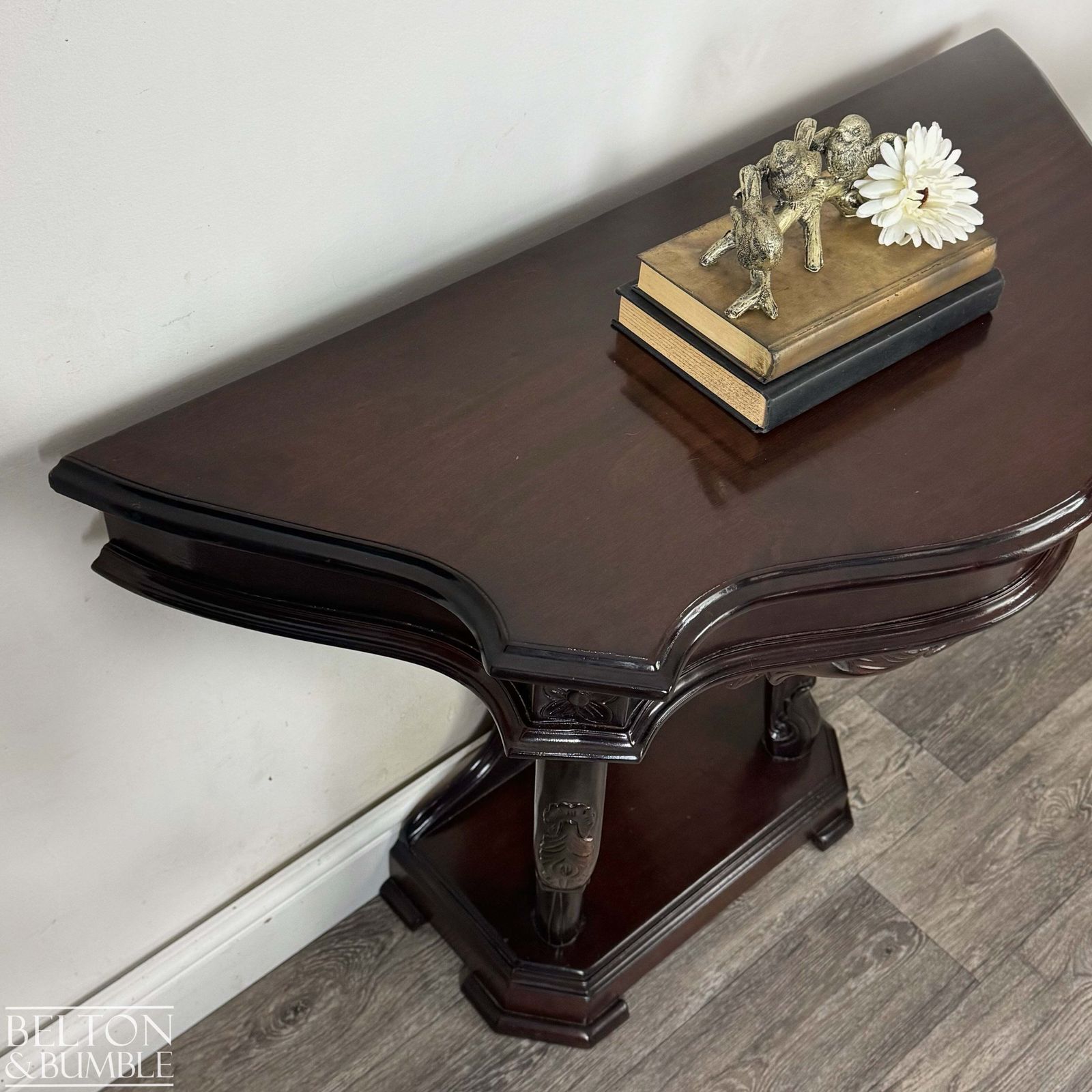Reproduction Victorian Mahogany Serpentine Hallway Console Table With Carved Scroll Detail photo for sale