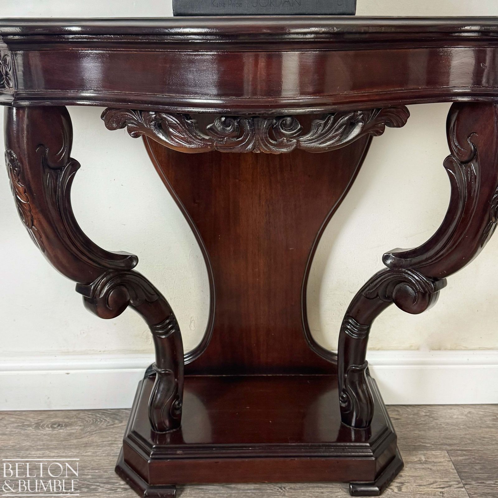 Reproduction Victorian Mahogany Serpentine Hallway Console Table With Carved Scroll Detail photo 345.0