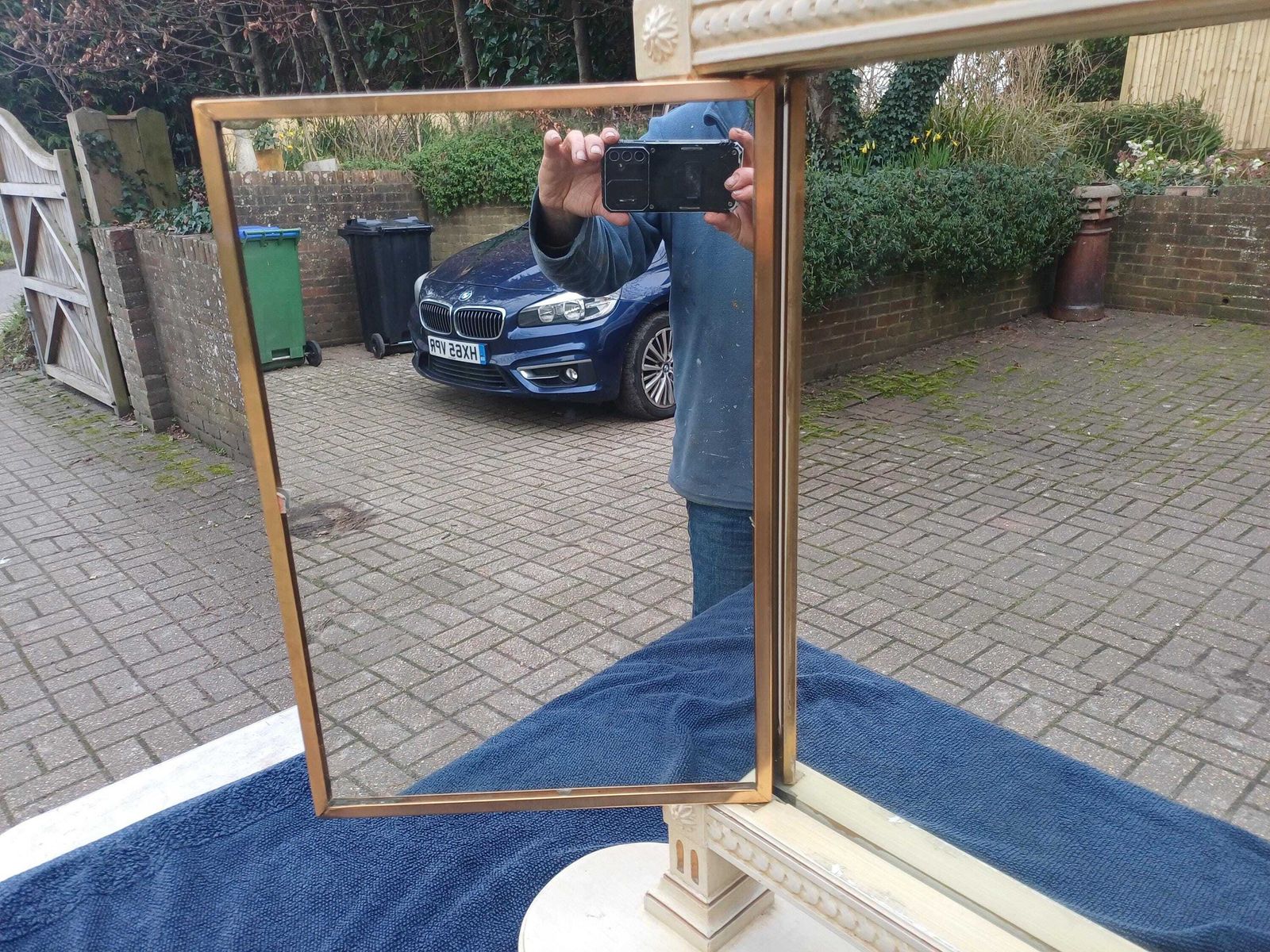 photo buy High Quality 80s Antique Ritz Hotel Dressing Table Mirror Triple Vanity Folding Doors Gold Cream Painted Brass Frame