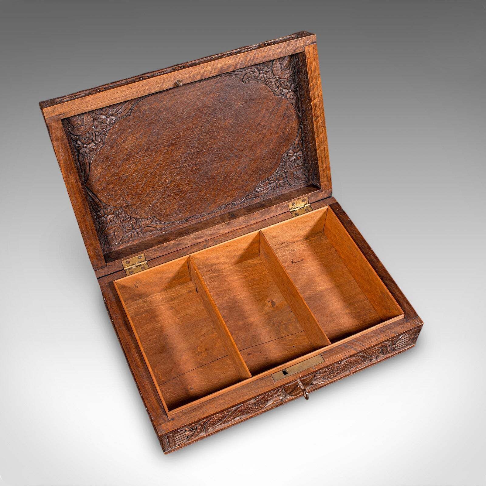 Vintage Carved Cigar Box, Oriental, Teak, Keepsake, Jewellery Case, Art Deco photo vintage