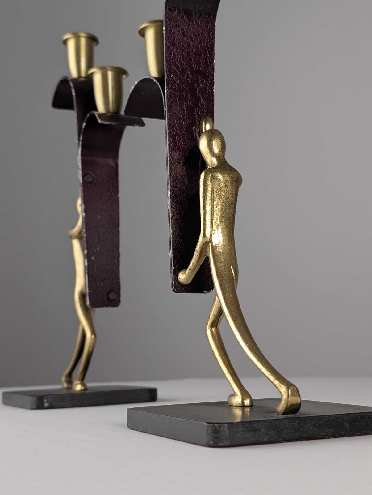 Pair Of Sculptural Bronze Candlesticks By Karl Hagenauer, 1940s photo buy