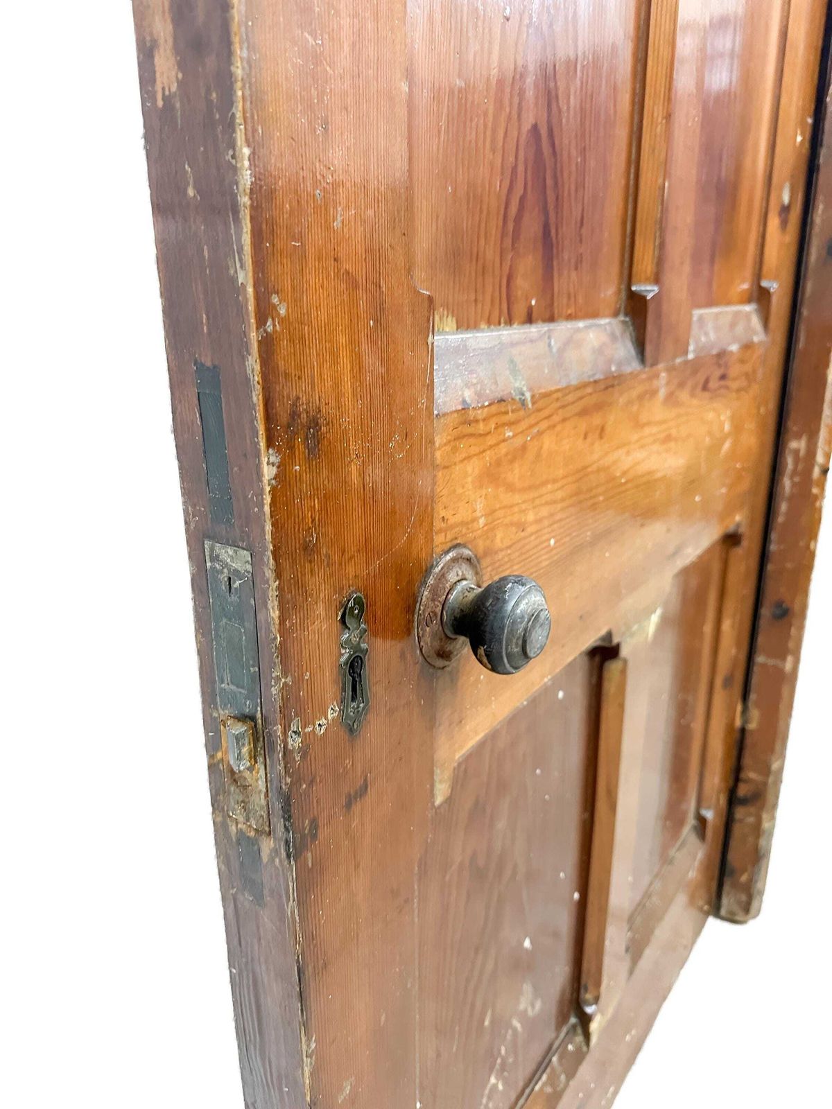 photo for sale Victorian 4 Panel Pitch Pine Door With Arch & Original Carved Handles   Gothic Revival 19th Century