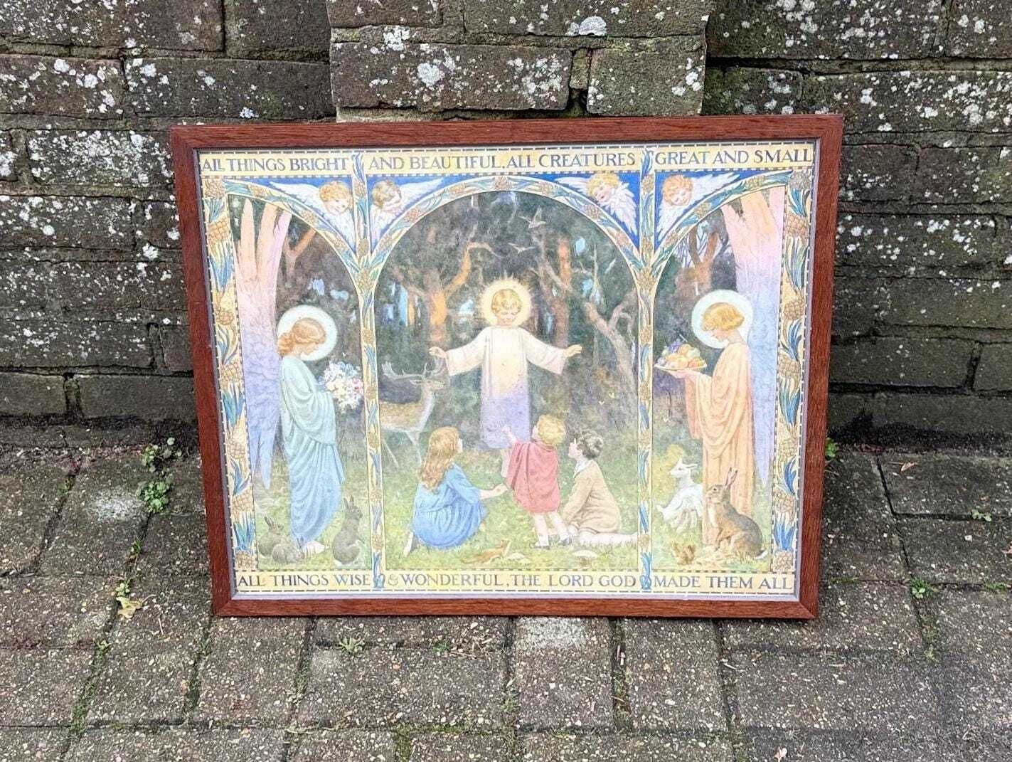 Margaret W. Tarrant Hymn Illustration In Beautiful Mid Century Wooden Glazed Frame