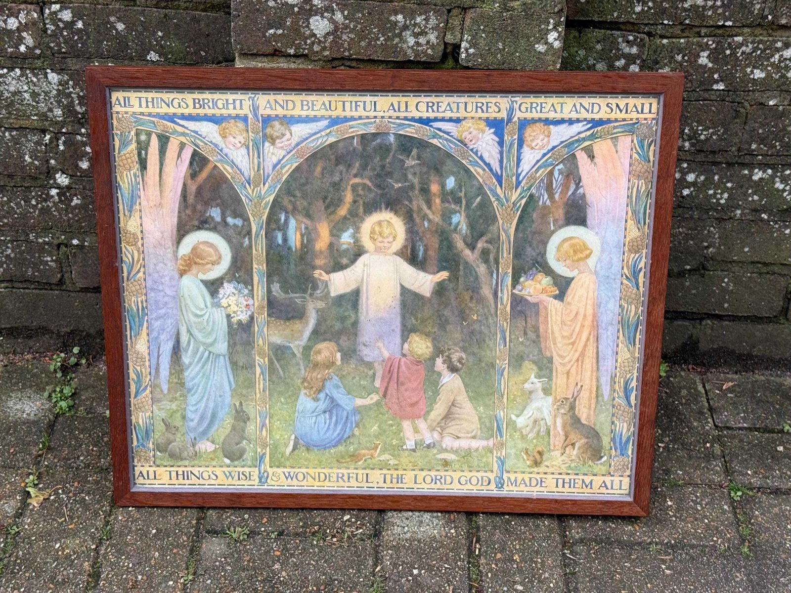 Margaret W. Tarrant Hymn Illustration In Beautiful Mid Century Wooden Glazed Frame photo furniture