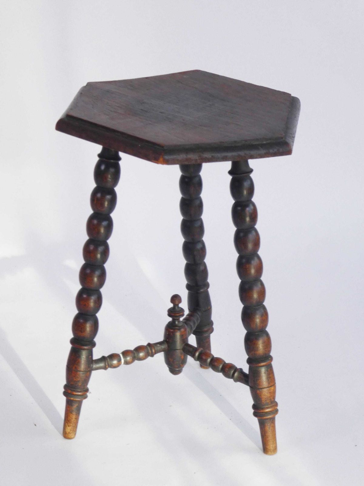 Antique Turned Hexagonal Side Table, Wooden Bobbin Plant Stand, Farmhouse Decor photo furniture