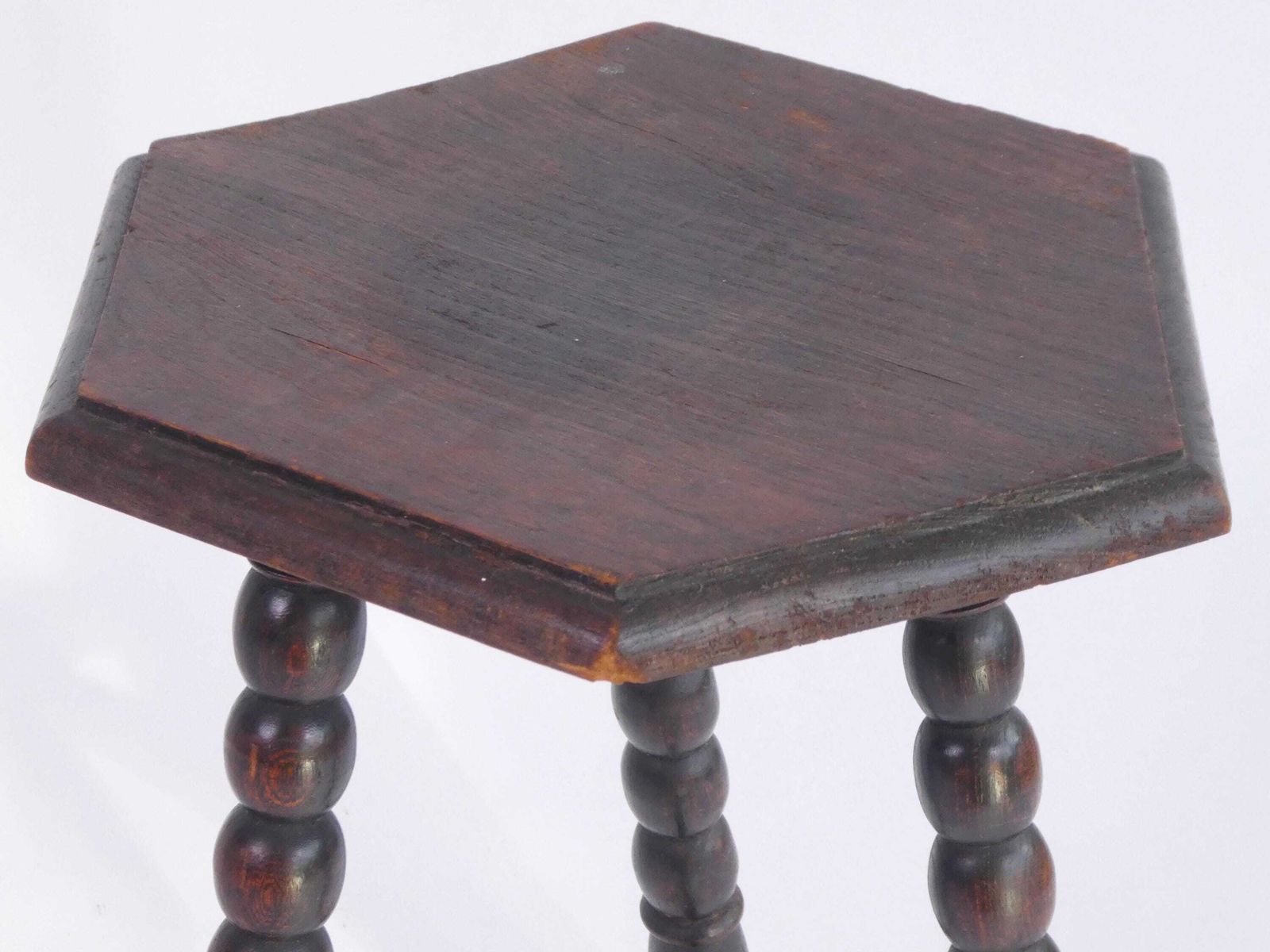 Antique Turned Hexagonal Side Table, Wooden Bobbin Plant Stand, Farmhouse Decor photo for sale