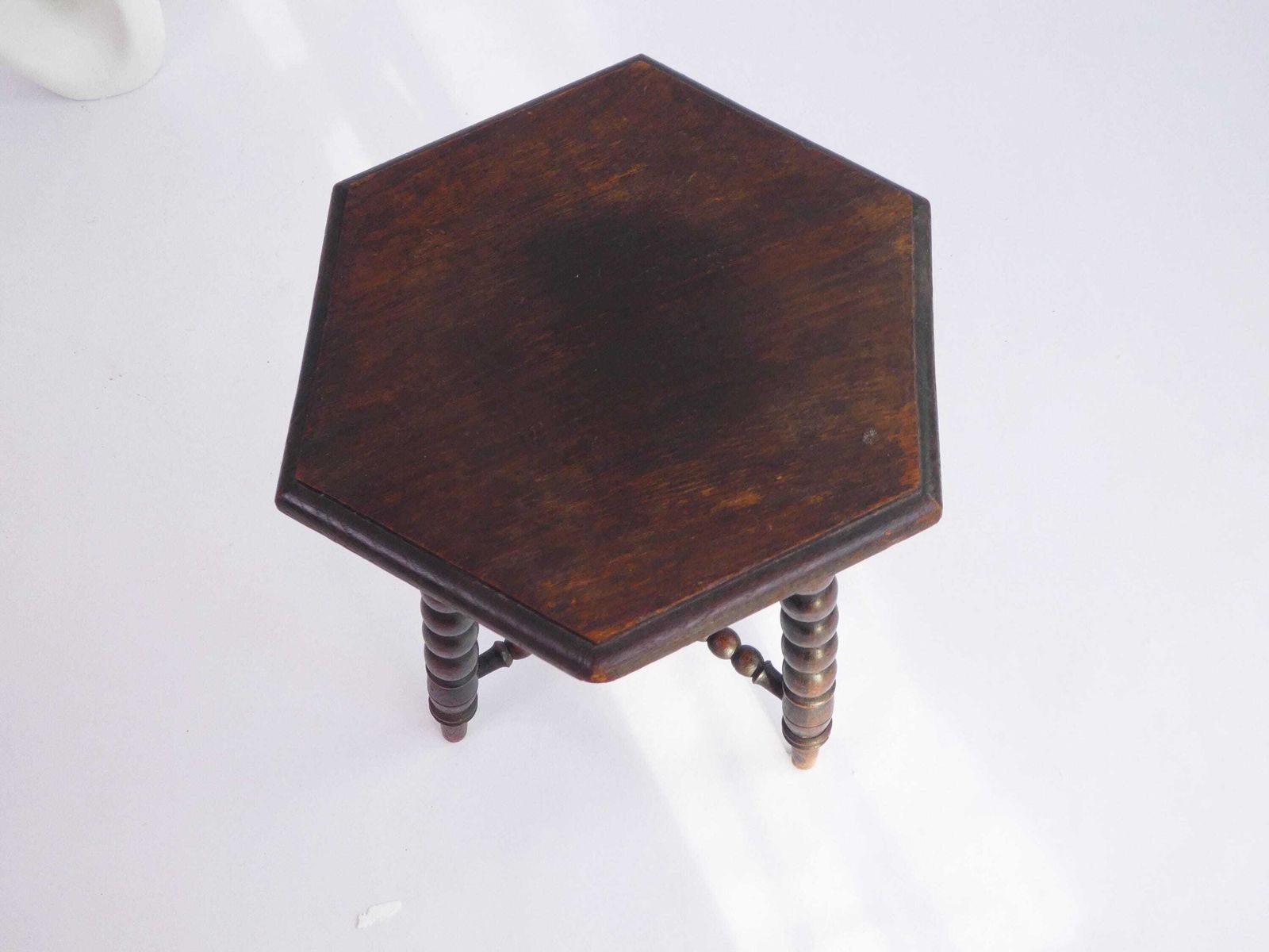 Antique Turned Hexagonal Side Table, Wooden Bobbin Plant Stand, Farmhouse Decor photo vinterior