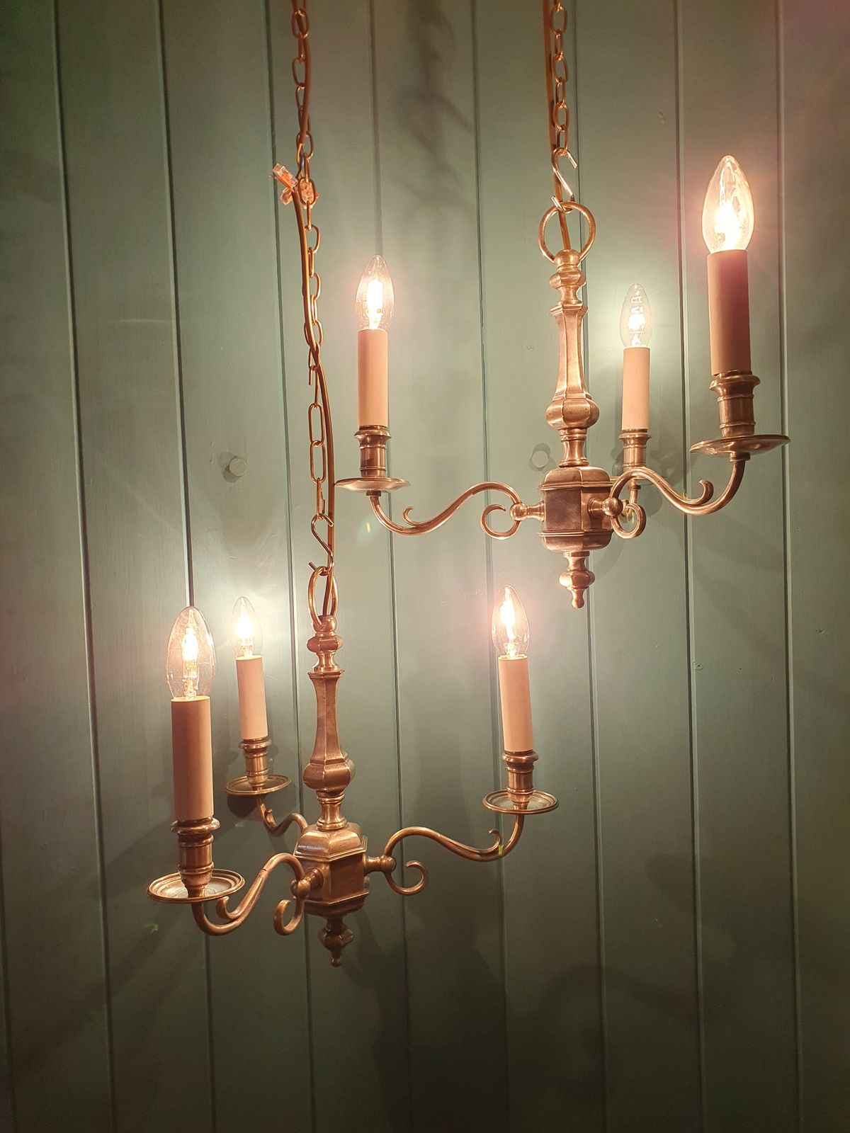 Pair Of Early 20th Century Nickel Silver Three Arm Chandeliers 15" photo furniture