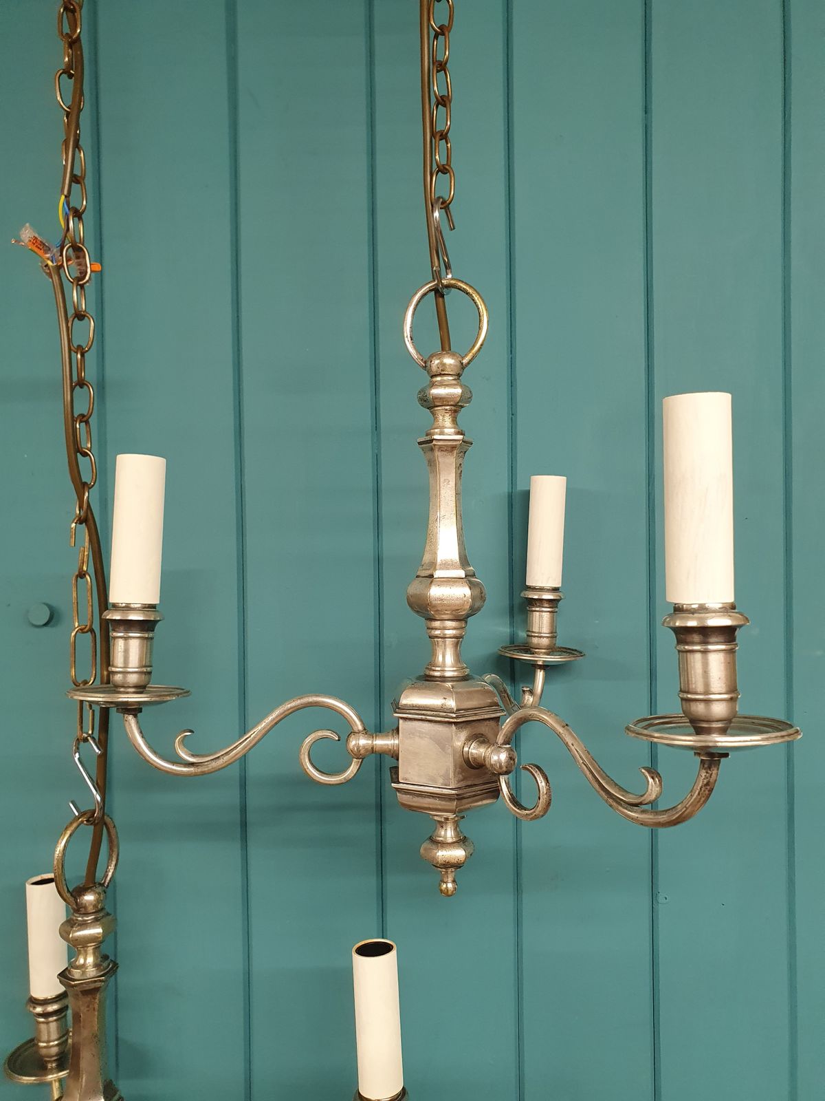 Pair Of Early 20th Century Nickel Silver Three Arm Chandeliers 15" photo vinterior