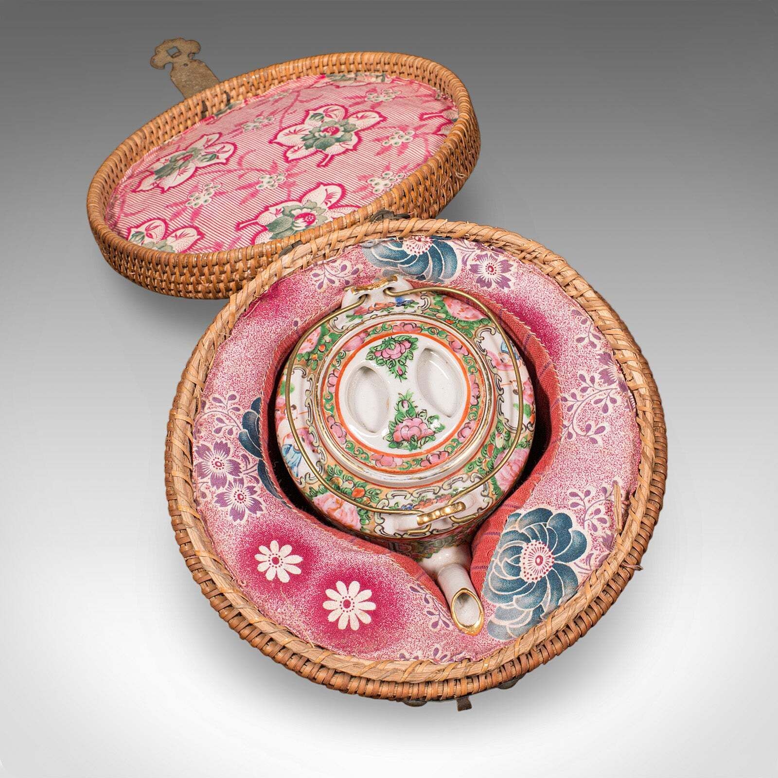 photo for sale Antique Famille Rose Teapot, Oriental, Ceramic Chá Pot, Wicker Case, Circa 1920