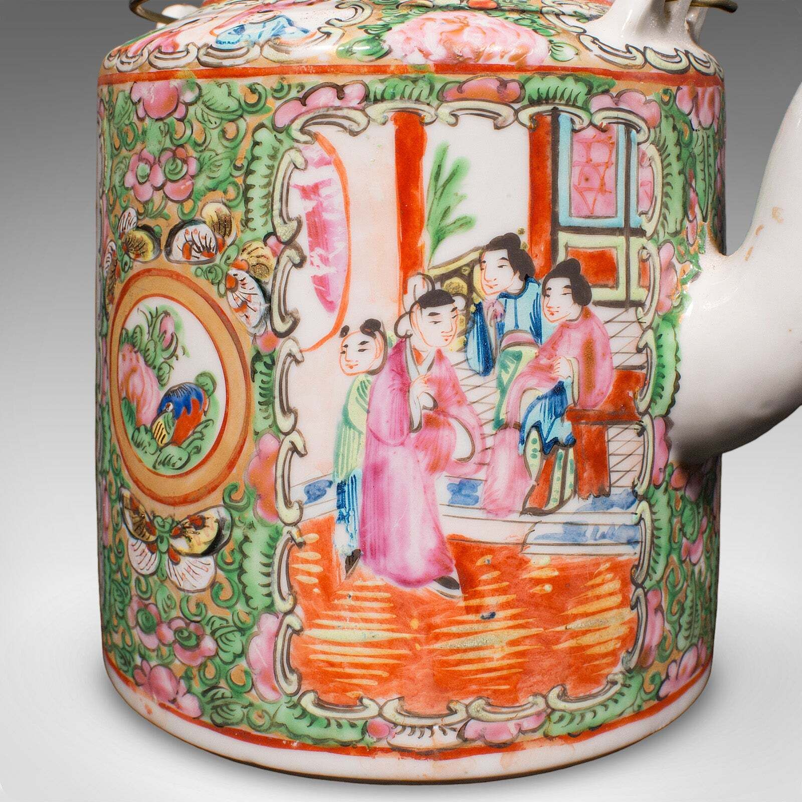 Home Decor Antique Famille Rose Teapot, Oriental, Ceramic Chá Pot, Wicker Case, Circa 1920 photo