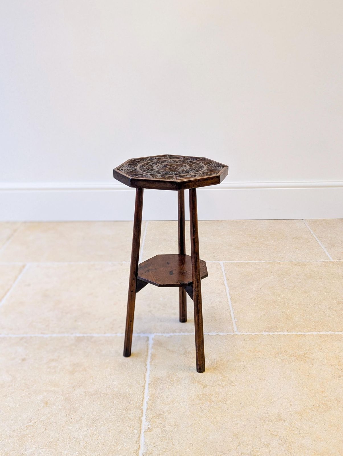 Furniture Antique Early 20th Century Carved Oak Tripod Occasional Table photo