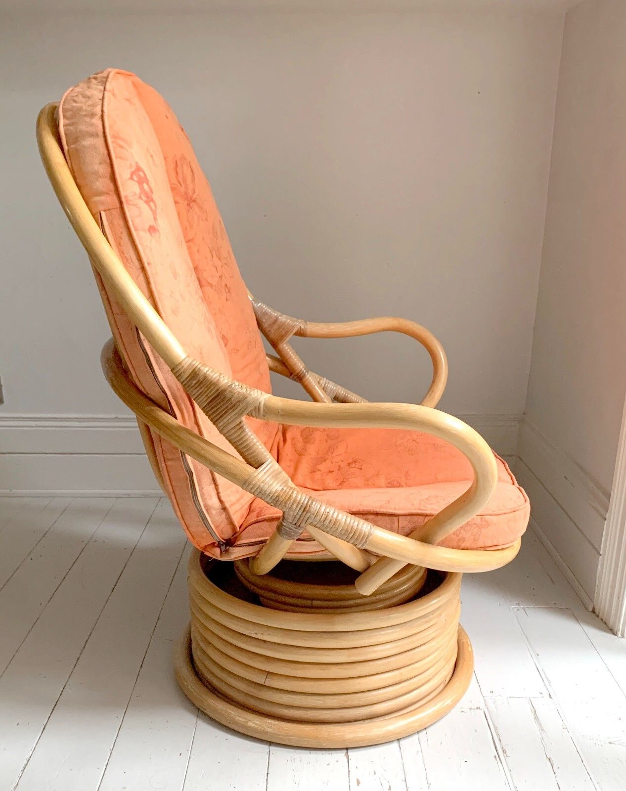 photo for sale Stunning Mid Century Modern Large 1970s Rattan Rocking & Swivel Chair With Cushion