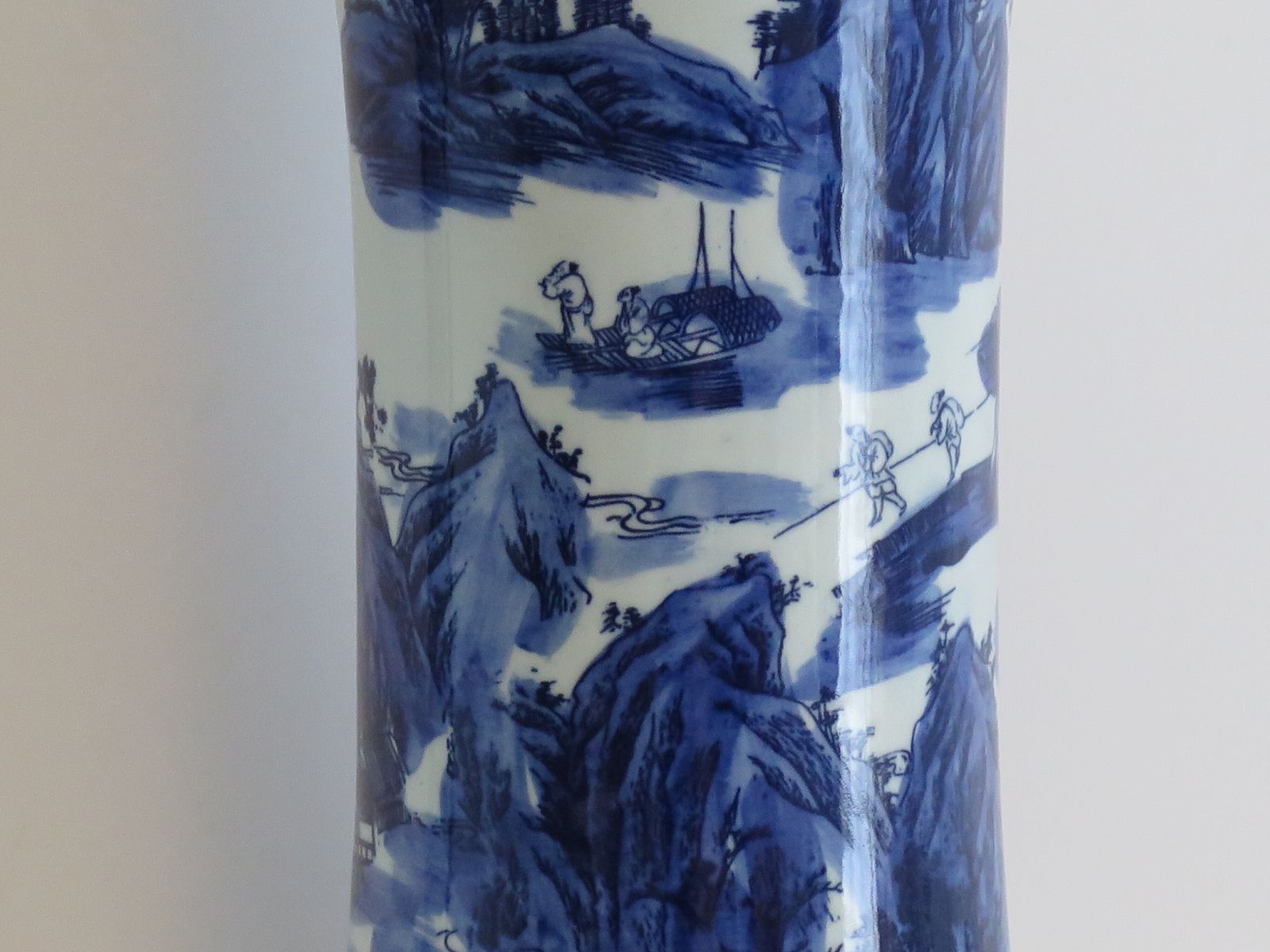 Large Chinese Porcelain Beaker Vase Blue And White Landscape Scene, Six Character Mark, 20th Century photo vintage
