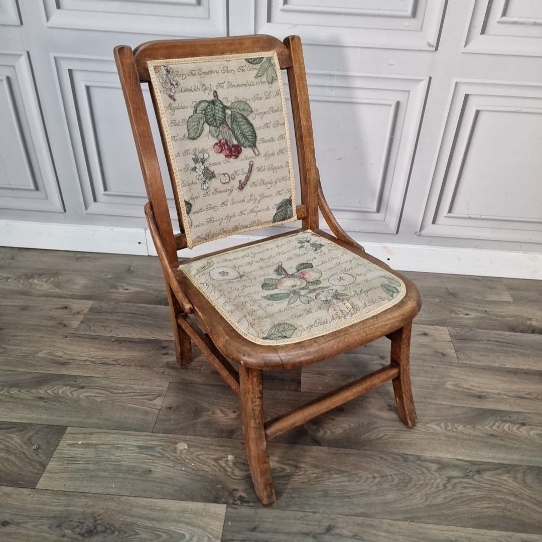 Antique Wooden Child's Chair Upholstered Seat Arts And Crafts Oak Vintage photo furniture