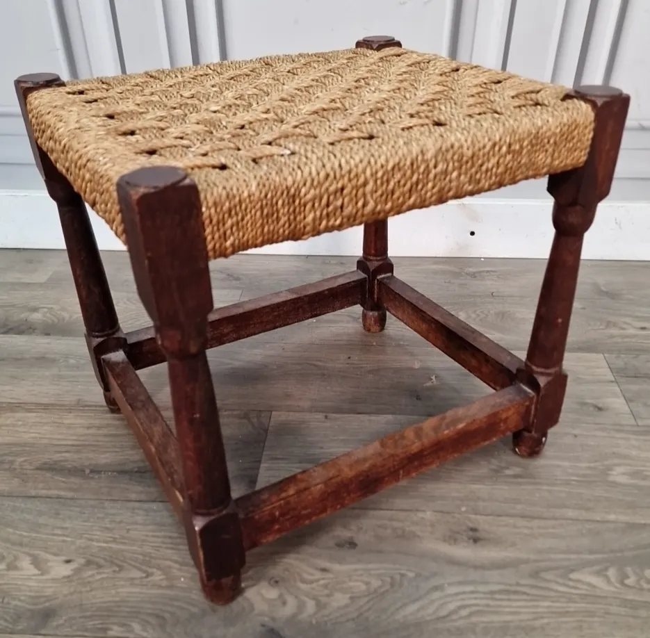 Antique Rush Foot Stool Oak Farmhouse Country Style Rope Footstool Rest