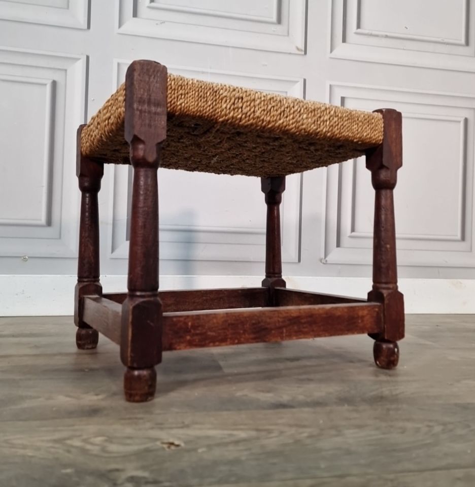 Antique Rush Foot Stool Oak Farmhouse Country Style Rope Footstool Rest photo Furniture