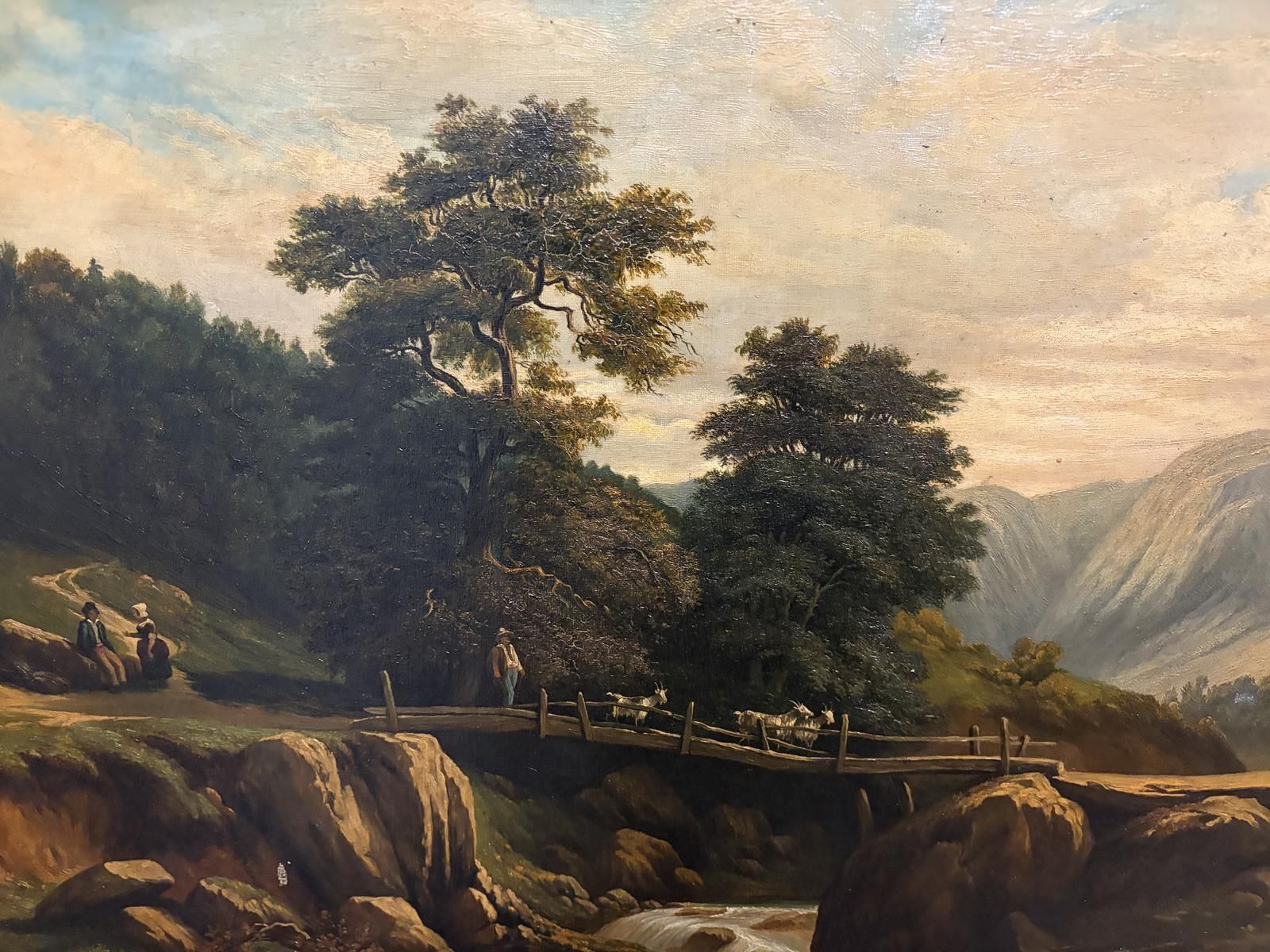 19th Century Oil On Canvas Of A Rural Scene With A Bridge photo buy