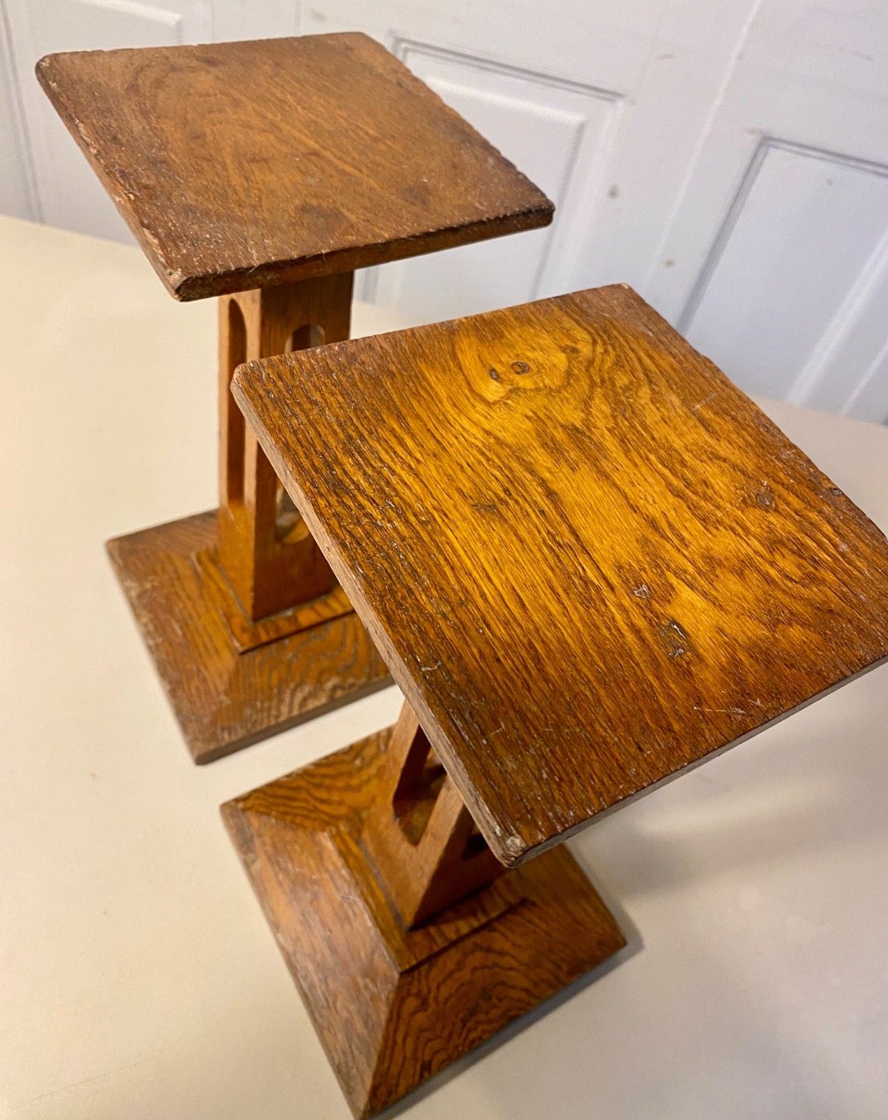 A Pair Of Antique Arts & Crafts English Oak Statue / Display Stands, Pedestal. photo vintage