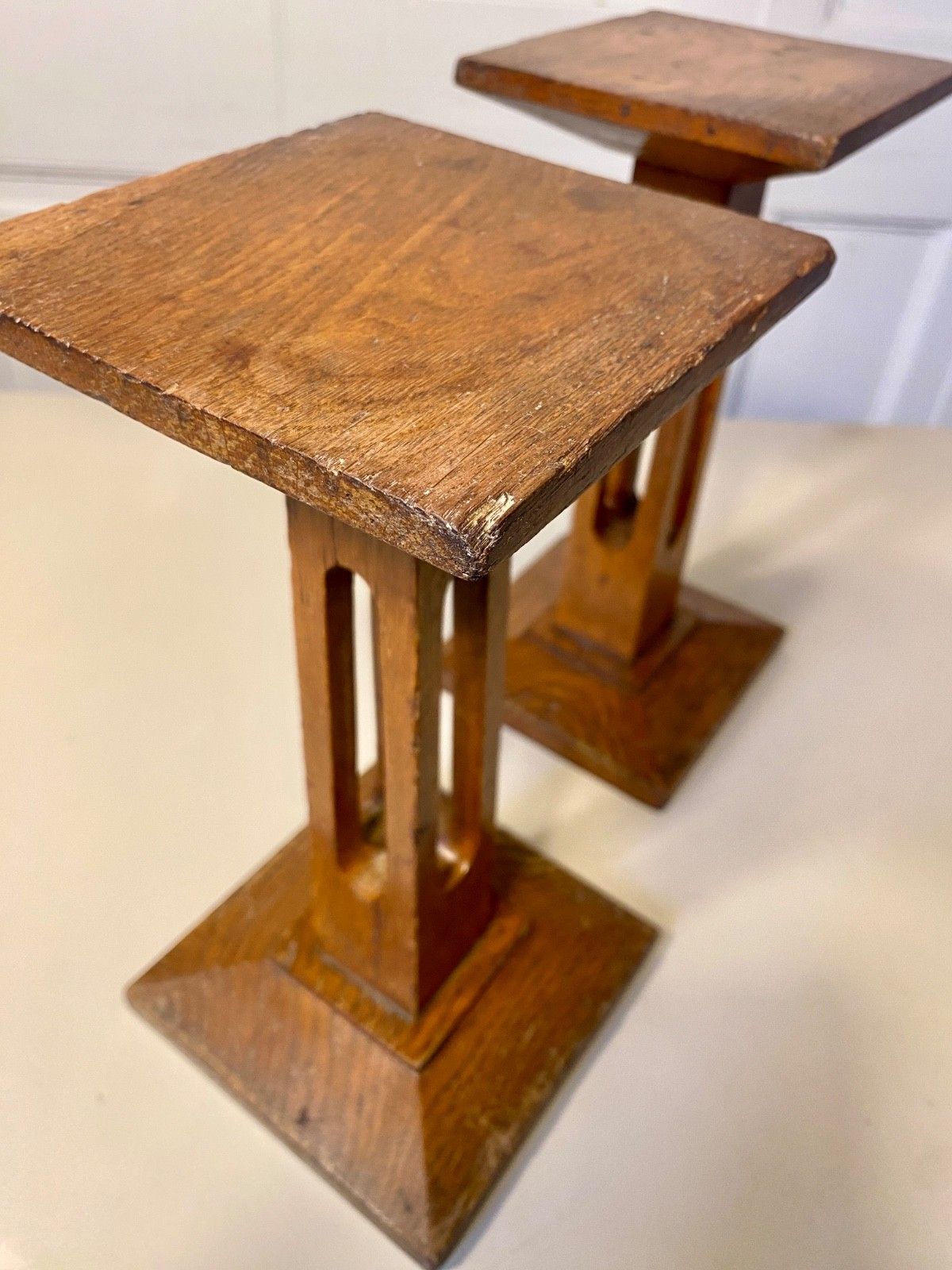 photo for sale A Pair Of Antique Arts & Crafts English Oak Statue / Display Stands, Pedestal.