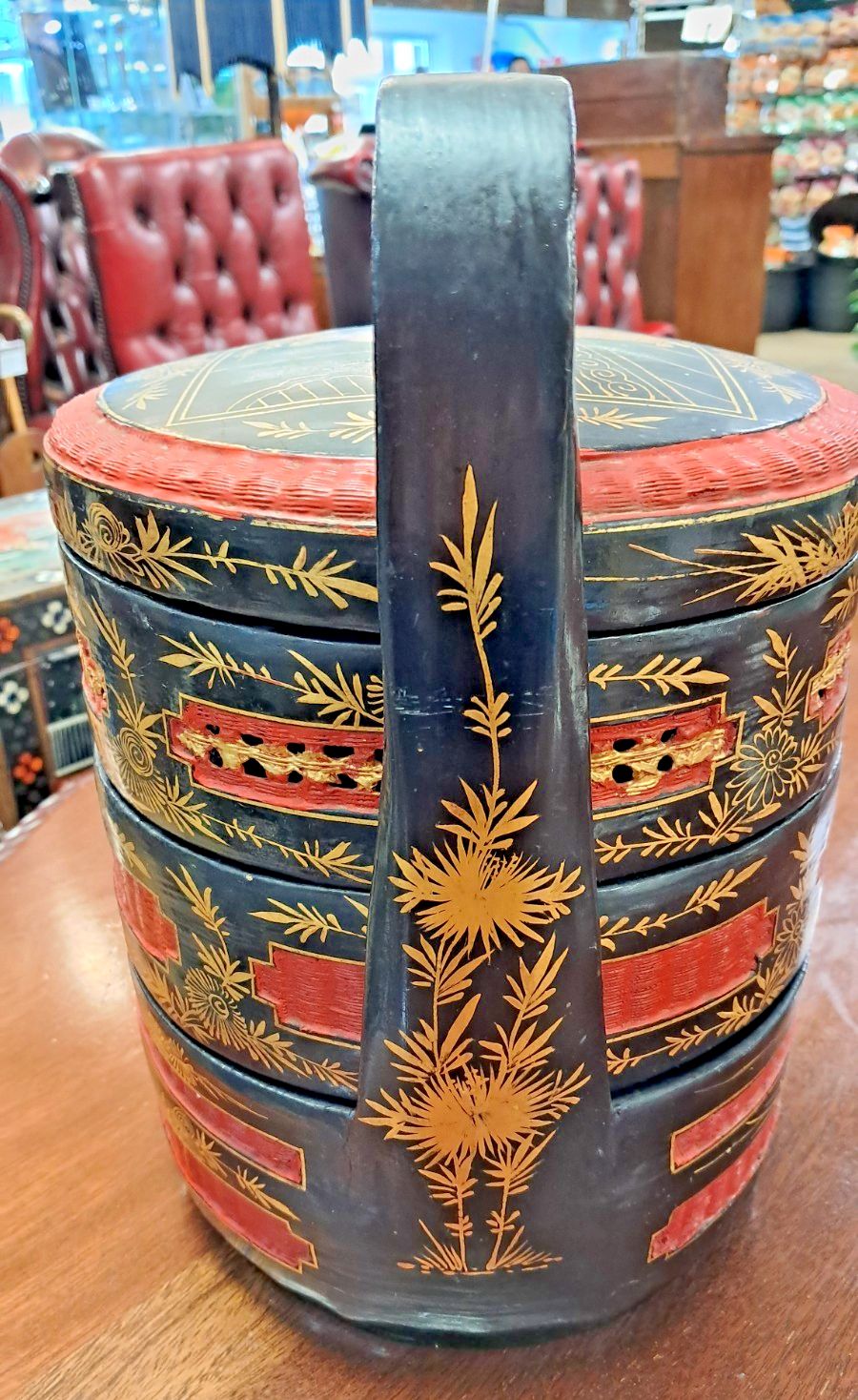 Vintage Chinese 3 Tier Wedding/Betrothal Hand Painted Red & Black Lacquer Basket photo for sale