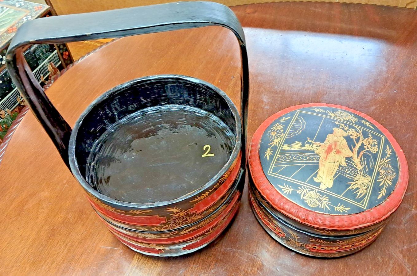 Vintage Chinese 3 Tier Wedding/Betrothal Hand Painted Red & Black Lacquer Basket photo vintage
