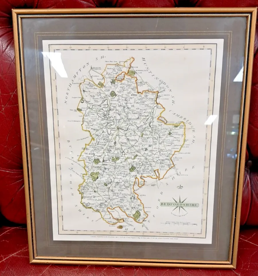 Antique Copper Engraved Map Of Bedfordshire, England Cartographer John Cary