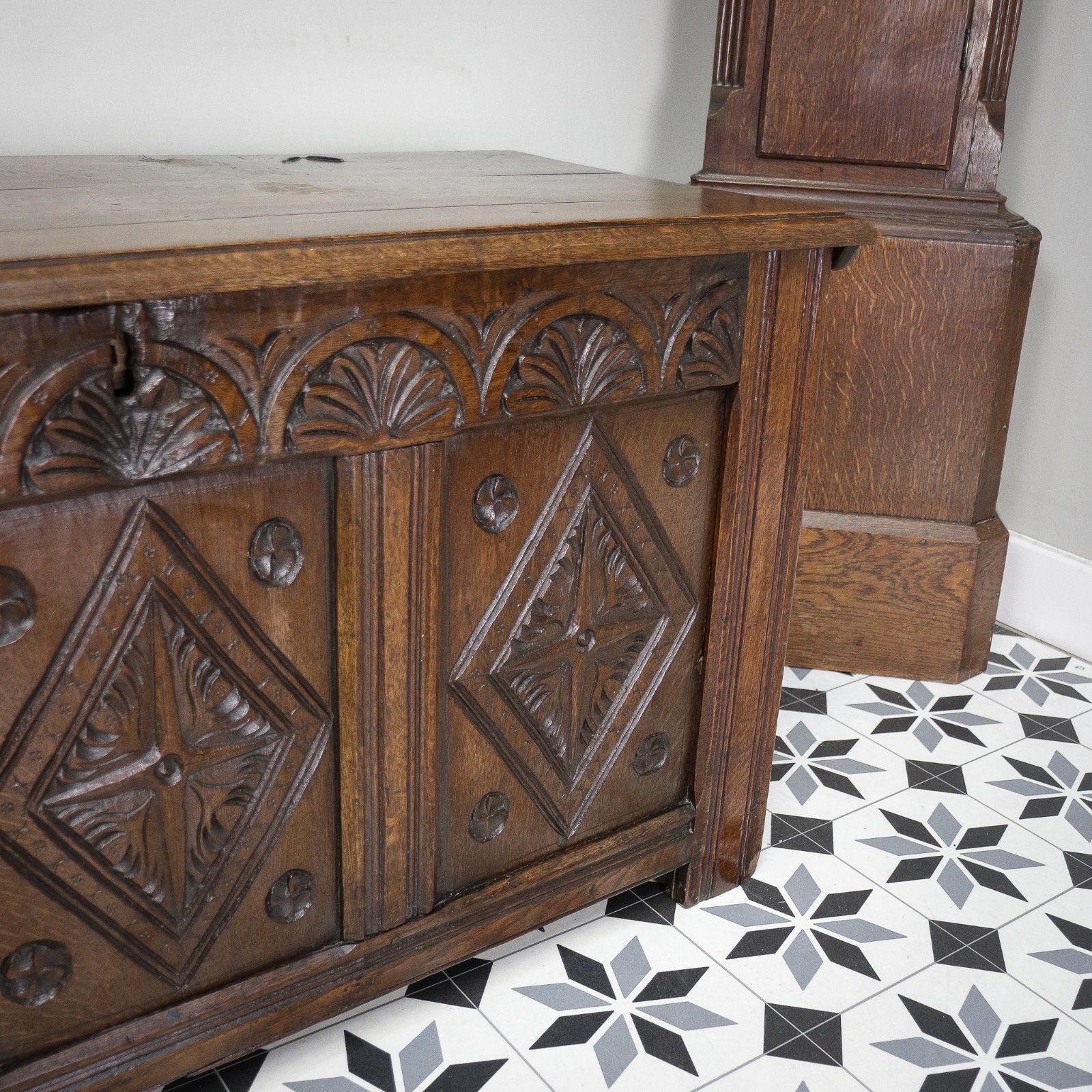 Antique Georgian Oak Coffer Three Panel Carved photo 495.0