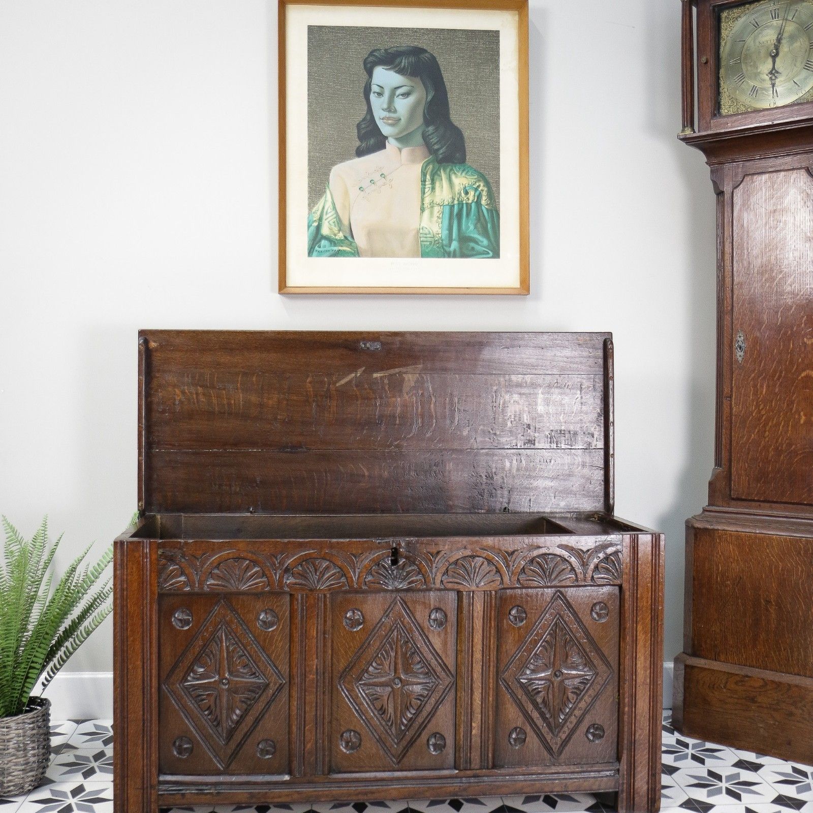 photo buy Antique Georgian Oak Coffer Three Panel Carved