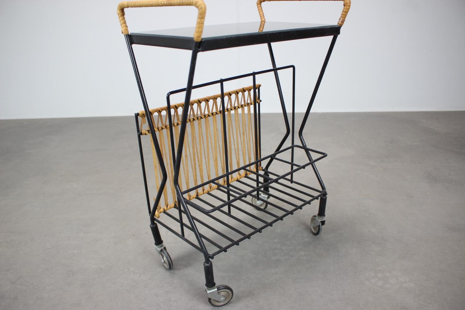 Mid Century Rolling Magazine Rack Cart, 1970s, Czechoslovakia photo vinterior