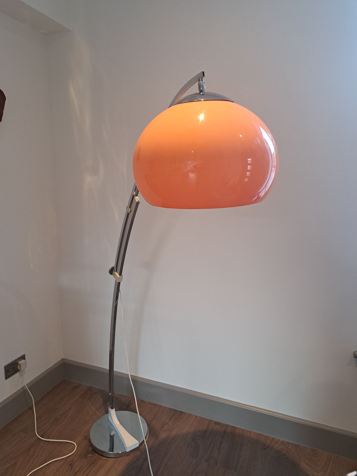 German (Solken Leutchten) Mid Century Arc Floor Lamp With Orange Plexiglass Shade (Probably Goffredo Reggiani)