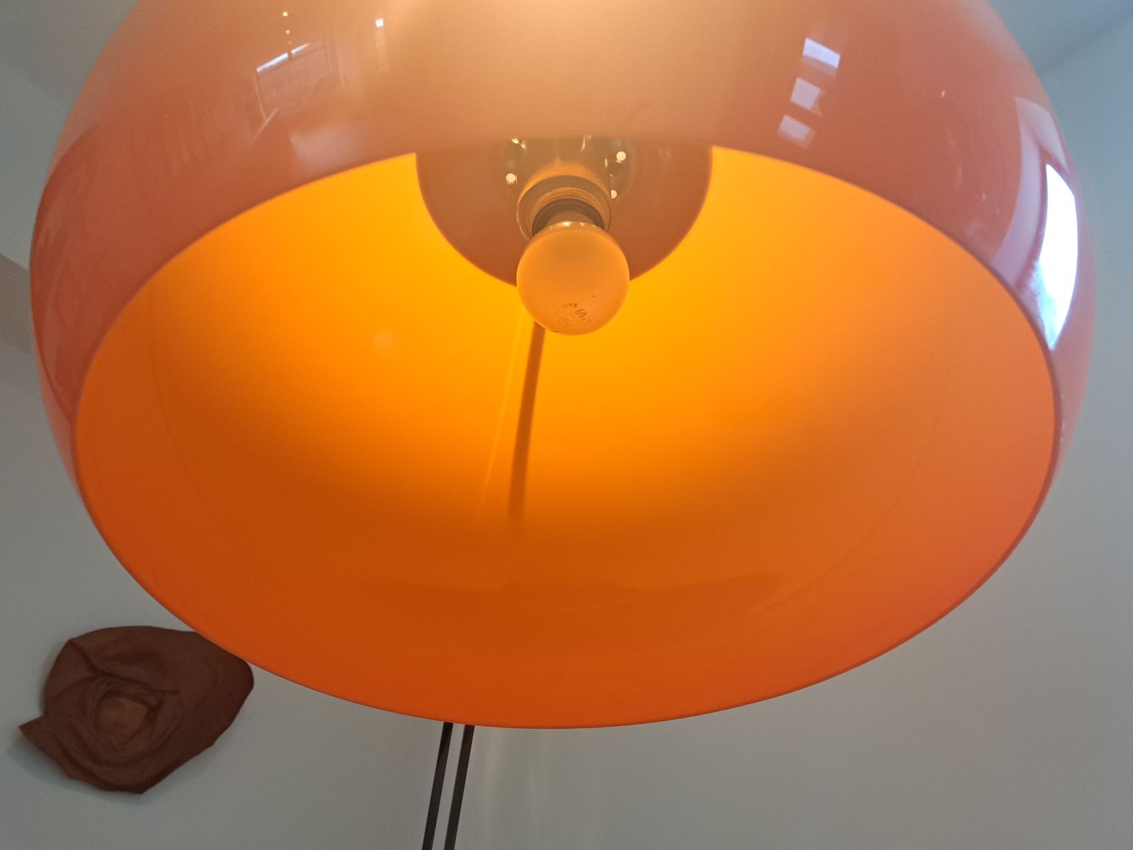 German (Solken Leutchten) Mid Century Arc Floor Lamp With Orange Plexiglass Shade (Probably Goffredo Reggiani) photo for sale