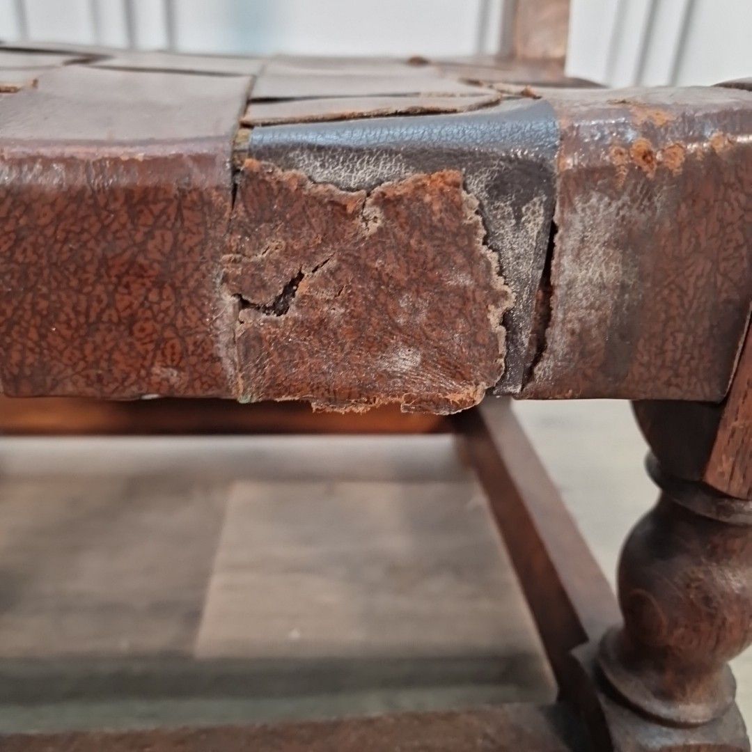 Antique Low Oak Chair Stool Jacobean Revival Arts & Crafts Leather Fireside Seat photo buy
