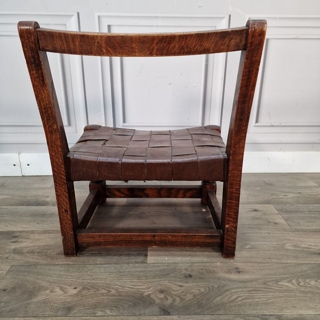 photo buy Antique Low Oak Chair Stool Jacobean Revival Arts & Crafts Leather Fireside Seat