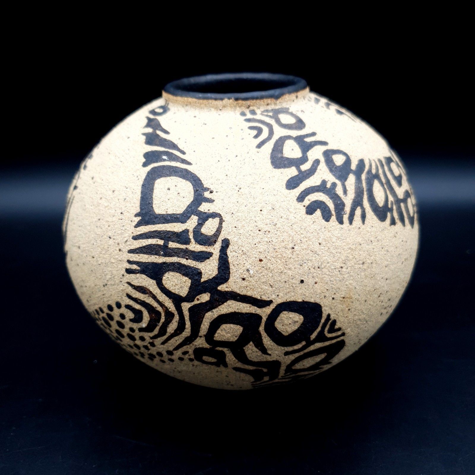 Vintage Studio Pottery Vase H 13cm Stoneware Spherical Black Slip Signed photo for sale