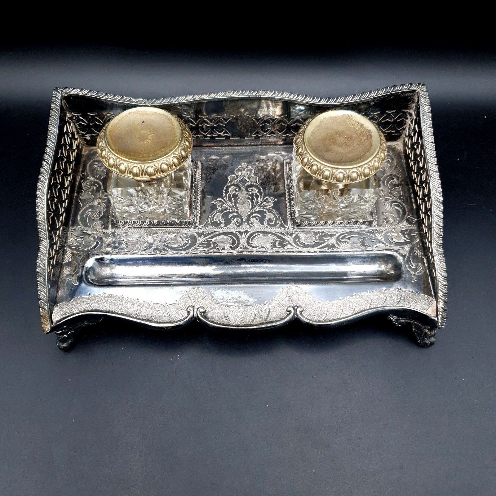 Antique B.H.A Edwardian Inkwell Silver Plate? Barnett Henry Abrahams Inkwell L23 photo furniture