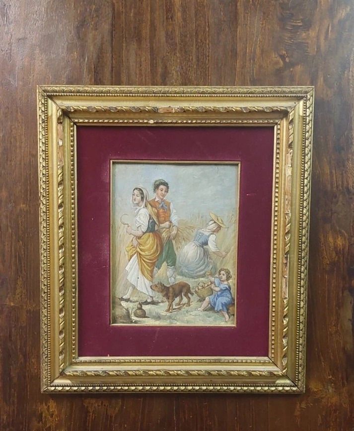 Antique 19th Century Oil Table Signed Wood Painting Folk Scene photo vintage