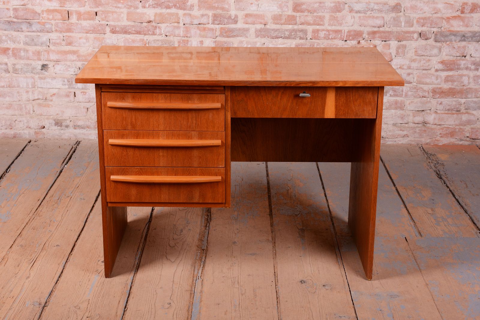 Restored Mid Century Writing Desk, By Interier Praha, Oak, Polished, Czech, 1950s photo furniture