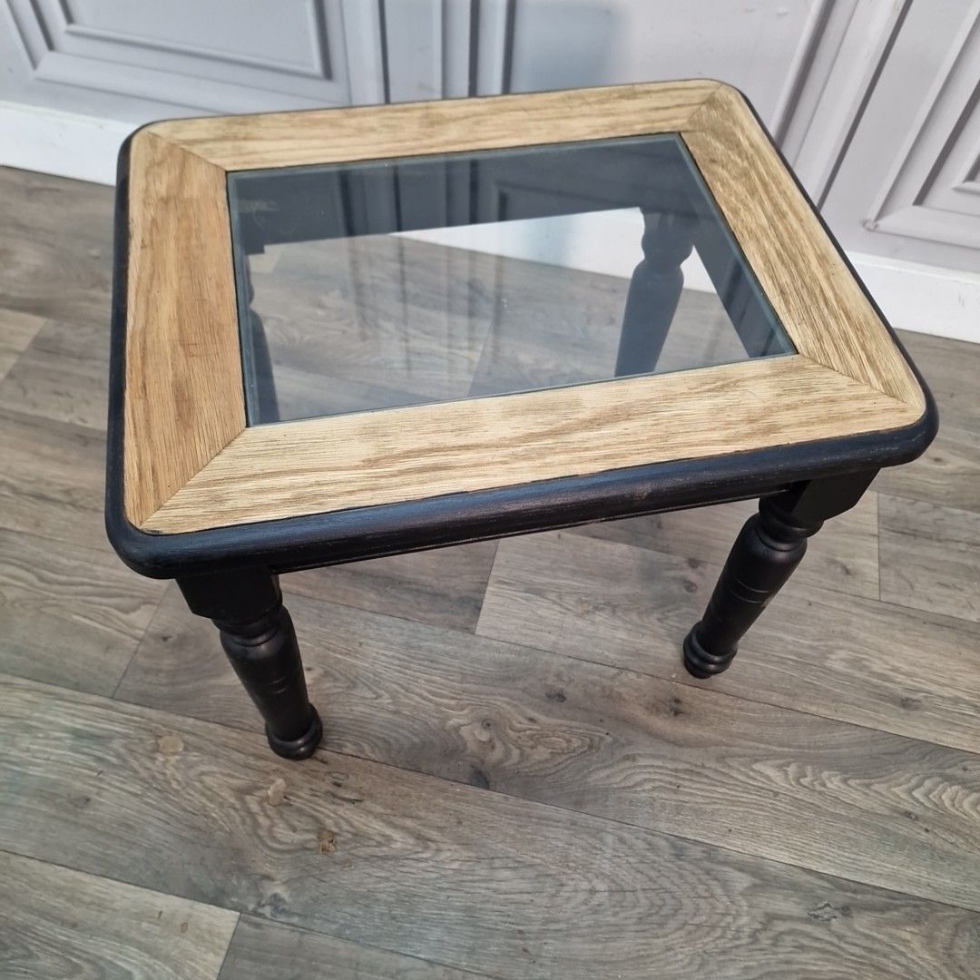 Vintage Oak Side Table Glass Top Black Painted Base Coffee Lamp Wooden photo furniture