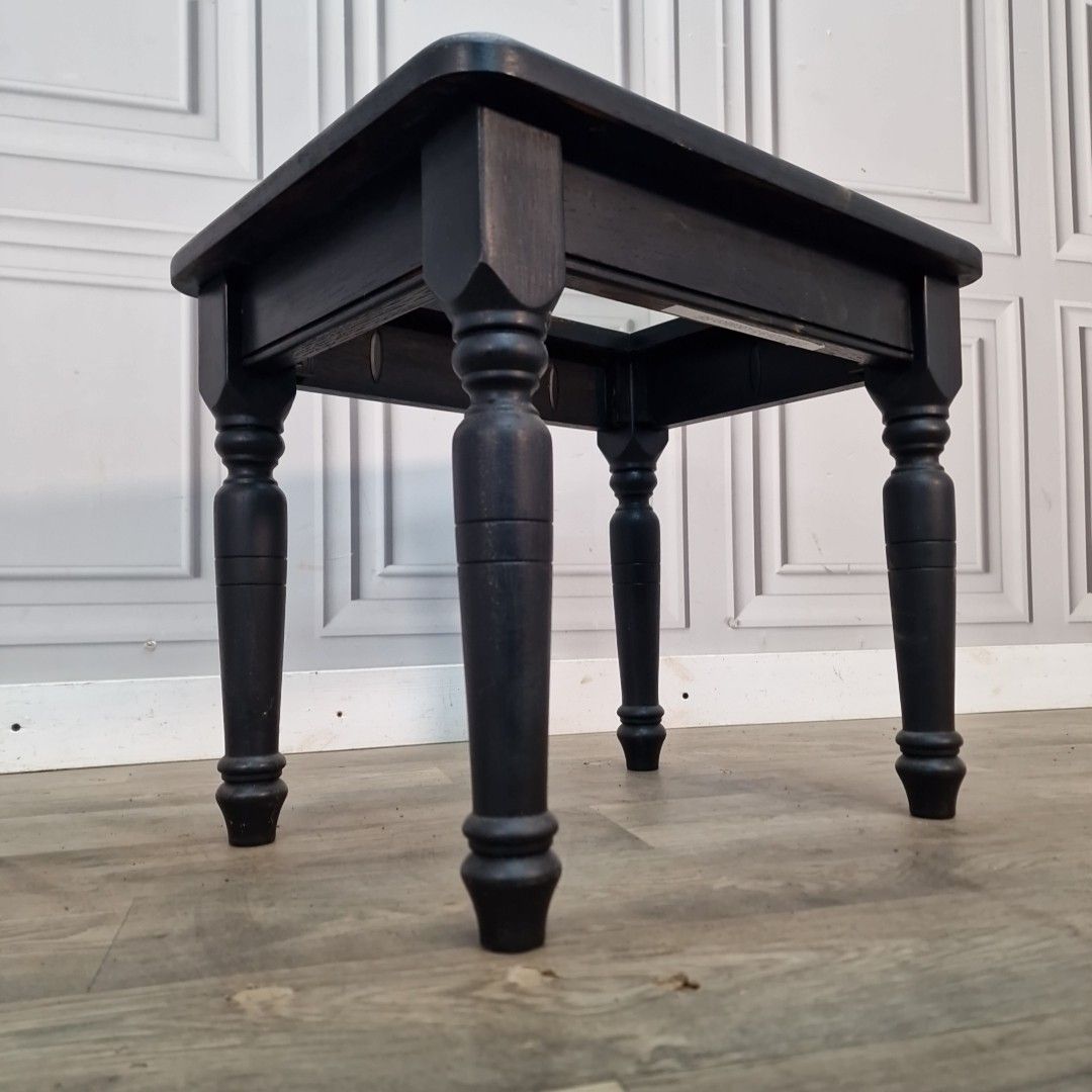Vintage Oak Side Table Glass Top Black Painted Base Coffee Lamp Wooden photo for sale