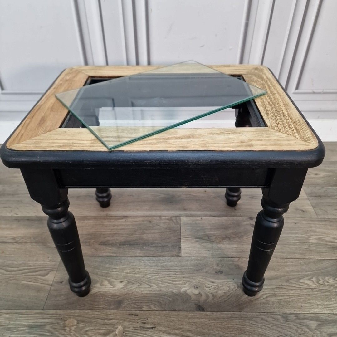 70.0 Vintage Oak Side Table Glass Top Black Painted Base Coffee Lamp Wooden photo