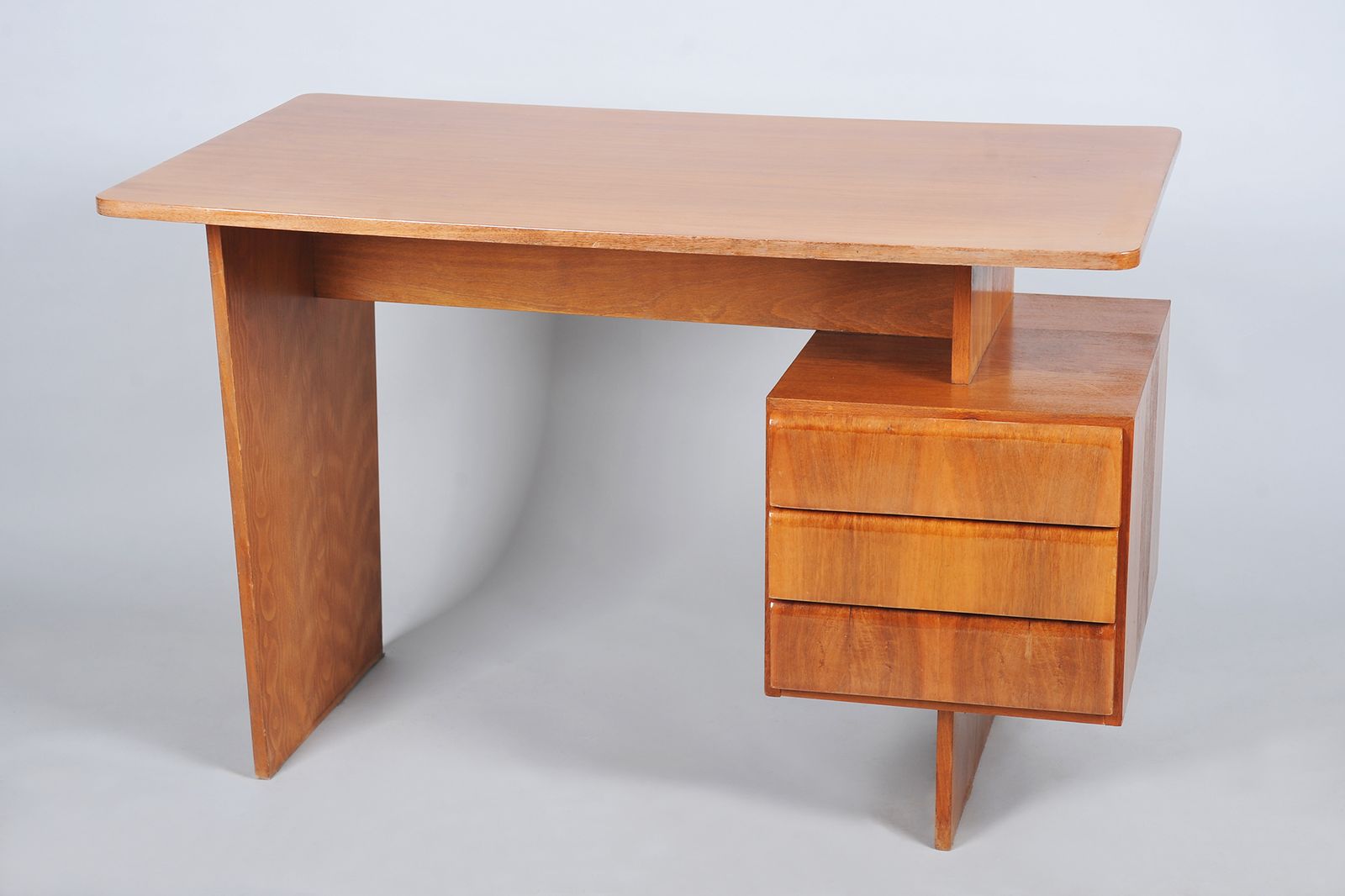 Restored Mid Century Writing Desk, By B. Landsman, Walnut, Oak, Czech, 1950s